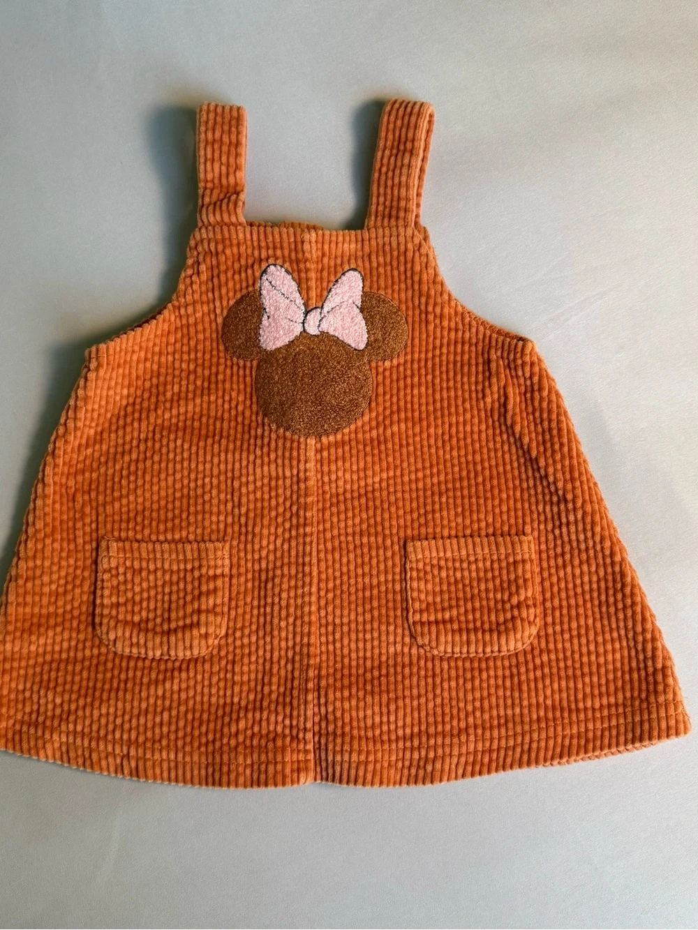 Disney Girls Rust Corduroy Jumper Dress with Minnie Applique and Pink Bow